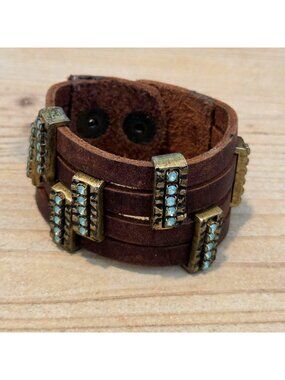 Leatherock Brown Leather Wrap Bracelet Blue Rhinestone Stations